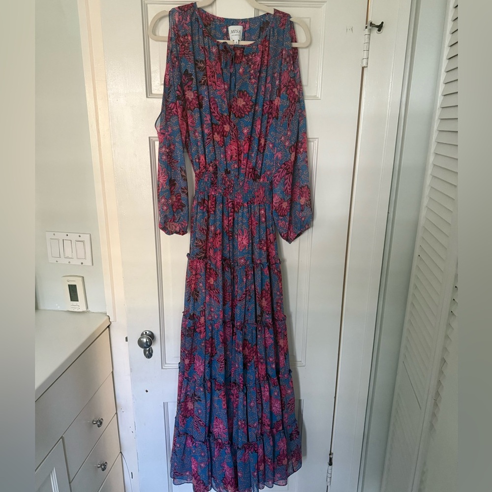 Misa Los Angeles Blue and Red Cold Shoulder Maxi with Sheer Bell Sleeves